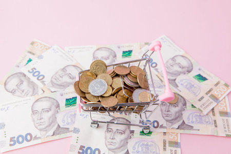 Bitcoin and coins in shopping cart on hryvnia banknotes background.