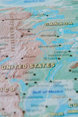 Canada in close up on the map. Focus on the name of country. Vignetting effect.の写真素材