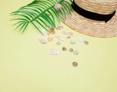 Summer holiday background. Tropical summer concept with woman fashion accessories, leaves and seashells on yellow background. Flat lay, top view.の写真素材
