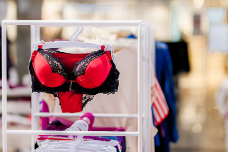 Vareity of bra hanging in lingerie underwear store. Advertise, Sale, Fashion concept.の写真素材
