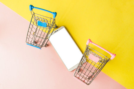 Blank screen white cellphone and shopping carts on pastel pink and yellow background. Minimal style, flatlay.の写真素材