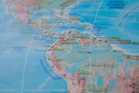 Columbia in close up on the map. Focus on the name of country. Vignetting effect.の写真素材
