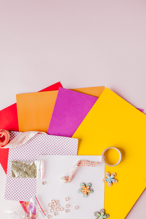 Set for Scrapbooking, creative messs, Scotch for Scrapbooking.Pink backgroundの写真素材