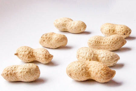 Large peeled peanuts close-up of beans in the shell. Unpeeled peanuts in the shell. Peanuts, for...