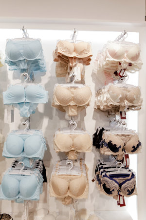 KYIV, UKRAINE - MAR 19, 2019: Shop woman underwear clothes, Lingerie on rack. Retail shop, storeのeditorial素材