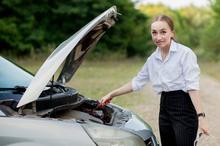 Young woman by the roadside after her car has broken down She opened the hood to see the damage.