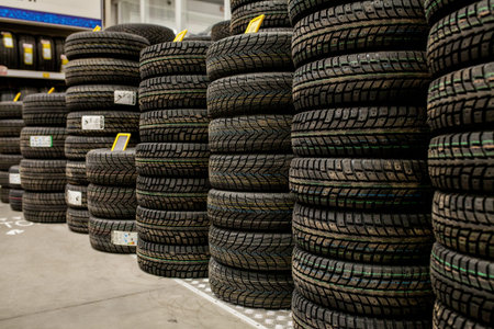 Car tires and wheels at warehouse in tire store