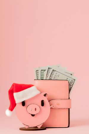 Pink Christmas pig and purse with dollars on the pink background.の写真素材