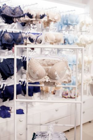Vareity of bra hanging in lingerie underwear store. Advertise, Sale, Fashion concept.の写真素材