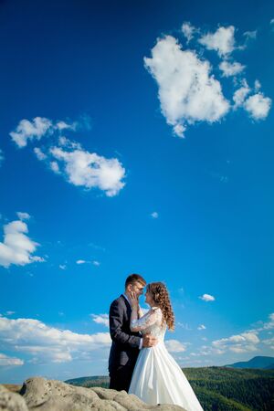 Beautiful newlyweds hugging against the backdrop of rocks and mountains. Stylish bride and beautiful bride are standing on the cliff. Wedding portrait. Family photo.の写真素材