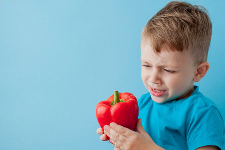 Little kid holding pepper in his hands on blue background. Vegan and healthy concept.