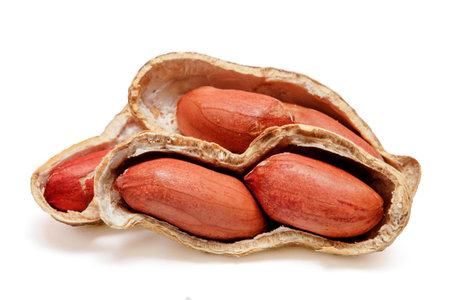 Large peeled peanuts close-up of beans in the shell isolated on white background . Unpeeled peanuts...