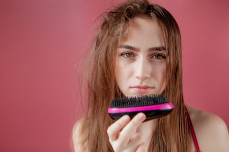 Young beautiful girl having problems while hair on pink background.
