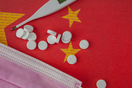 Vaccine, treatment concept, face mask, antibiotic pills.