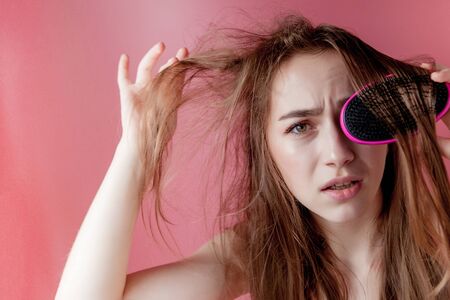 Problem scalp, greasy dirty hair girl, haircare concept.の写真素材