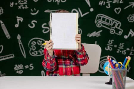Cute child boy doing homework. Clever kid drawing at desk. Schoolboy. Elementary school student drawing at workplace. Kid enjoy learning. Home schooling. Back to school. Little boy at school lesson.の写真素材