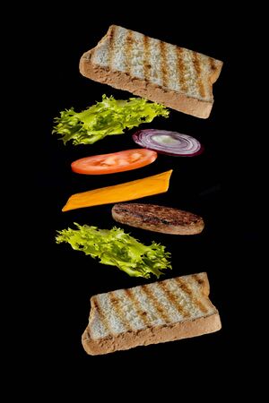 Fresh sandwich with flying ingredients isolated on black background. Copyspace for text, high resolution imageの写真素材