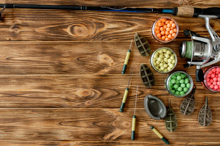 Accessories for carp fishing and fishing baits on wooden planks with copy space.