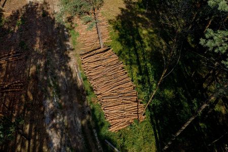 Felling a tree. Wooden logs from a pine forest. Forest of pine and spruce. Logging, logging, forest...