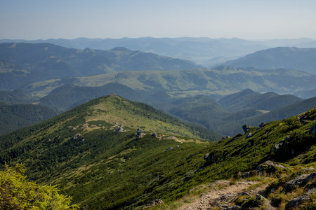 Morning sunny day is in mountain landscape. Carpathian, Ukraine, Europe. Beauty world. Large...