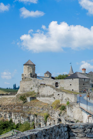 August 12, 2020 Kamenets Podolsk: Scenic summer view of ancient fortress castle in...