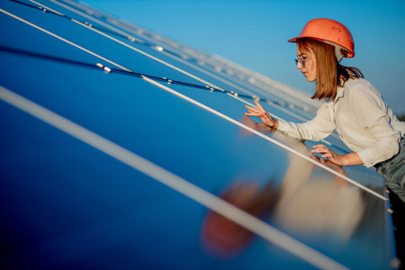Beautiful young engineer standing near solar panels outdoors, Green Energy Concept.