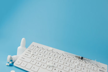 Shopping cart toy with medicaments and Keyboard. Pills, blister packs, medical bottles, thermometer,...