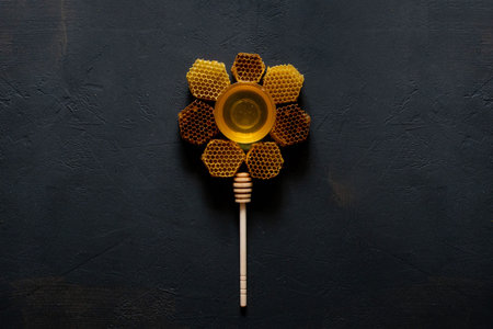 Honey and honeycomb in the form of a flower on black table, top view. space for text.