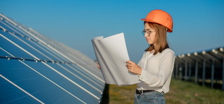 Handsome Architect Woman Examining a Draft Map or Blueprint Project Plan, Worker Activity Looking...