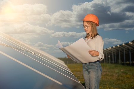 Handsome Architect Woman Examining a Draft Map or Blueprint Project Plan, Worker Activity Looking...