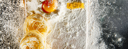 Pasta with ingredients - flour, eggs and different tools for cooking on black table. Free space for text. Top viewの写真素材