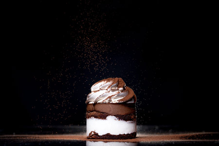 Side view of a fresh baked chocolate cake sprinkled with cocoa on countertop with dark background....
