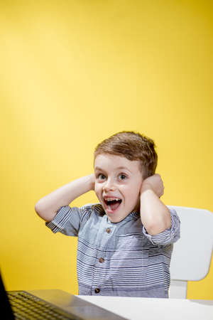 Happy child boy sitting at table with laptop and preparing to school on the yellow background. Online learning. Online schoolの写真素材