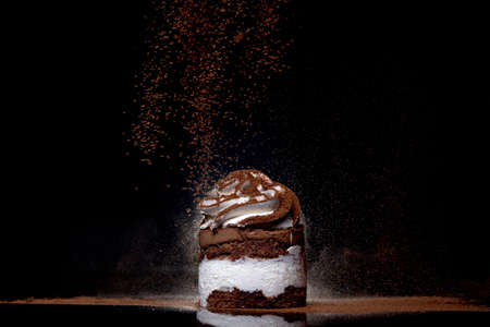 Side view of a fresh baked chocolate cake sprinkled with cocoa on countertop with dark background. Low key. Winter food and drink concept. Selective focus.の写真素材