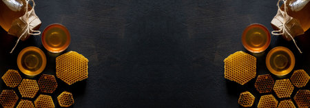 Honey with honeycomb on black table, top view. space for text.