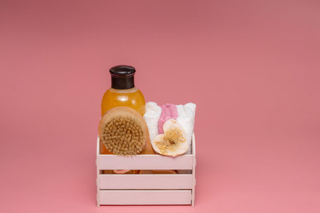 Cosmetic bottles with cosmetics for body care. Acessories for bath, towel and organic dry shampoo...