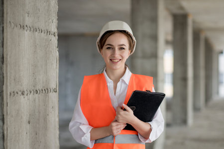 Construction concept of Engineer or Architect working at Construction Site. A woman with a tablet at...