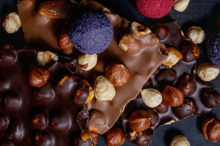 Assortment of fine chocolates in white, dark, and milk chocolate. Praline Chocolate sweets.の写真素材