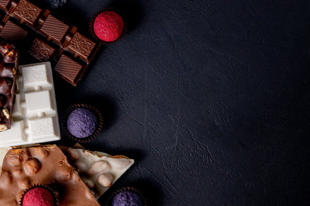 Assortment of fine chocolates in white, dark, and milk chocolate. Praline Chocolate sweets.の写真素材