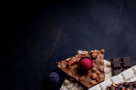 Chocolate bar, crushed pieces of dark chocolate and nuts. Praline Chocolate sweets. Copy space.