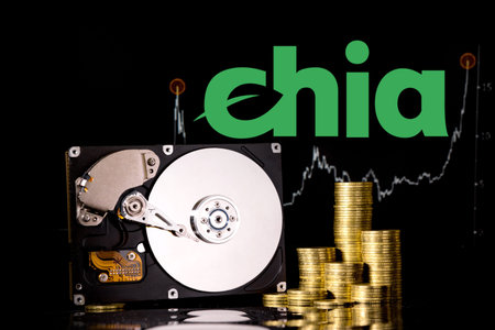 Cryptocurrency Chia and hard disk server for mining. New Crypto currency ChiaCoin virtual money...