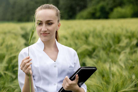 Young female ecologist scientist in goggles standing in green field and working on glass transparent screen.の写真素材