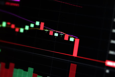 Stock exchange, cryptocurrency price chart on a screen. Candlestick chart, btc. Online currency exchange market. Trading, bidding. Tracking the cryptocurrency rate. 4K. Close up.の写真素材