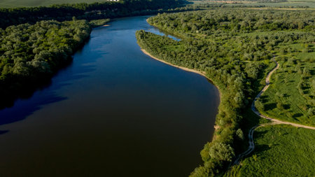 Stunning top view of the sinuous Dniester River. Summer landscape of the Dniester River. Picturesque...
