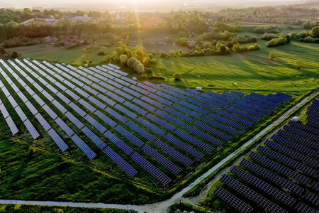 Ecology solar power station panels in the fields green energy at sunset landscape electrical...