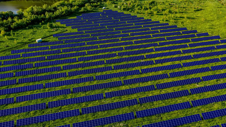 Ecology solar power station panels in the fields green energy at sunset landscape electrical...