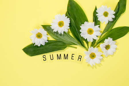 Text SUMMER from letters and field chamomiles flowers on yellow background. Greeting card Flat Lay Copy space Concept Hello summer, summertime.の写真素材