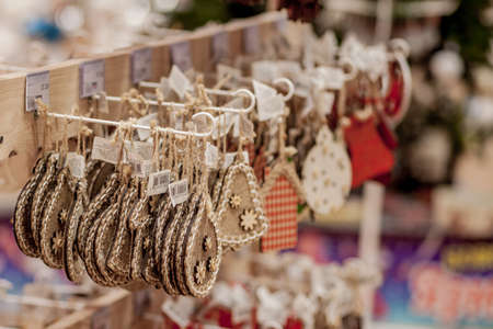 Christmas toy on the Christmas tree. New Year decoration. Decorated shop window.の写真素材