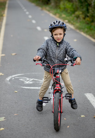 Little boy in a helmet on a bicycle rides on a bike path in the park.の写真素材