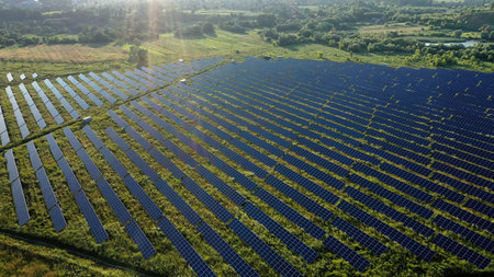 View of a solar power plant, rows of solar panels, solar panels, top view, top view of a solar power...
